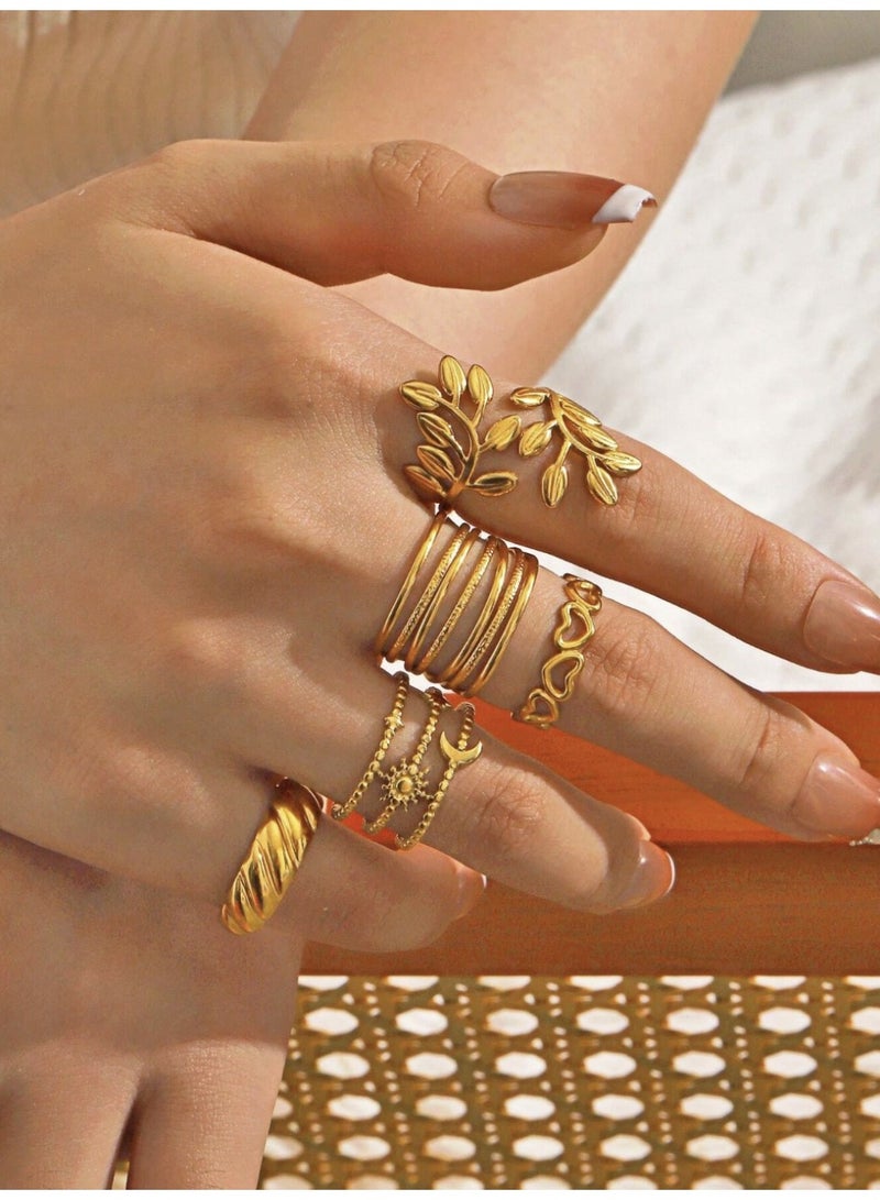veya SET OF 5 WOMEN’S LEAF DESIGN RINGS – STAINLESS STEEL - Image 5